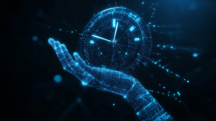 A blue 3D hand holds a clock.  This image represents time management and planning in business or life.  It's a simple design with lines and dots.
