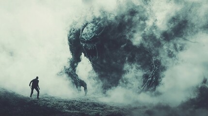 Fototapeta premium A lone man faces a colossal, shadowy monster in a dark and foggy landscape. Epic battle between man and beast. Dark fantasy art.