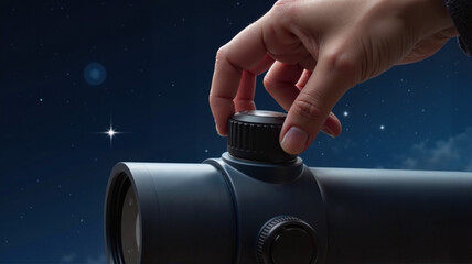 Telescope focused on the night sky with a person&rsquo;s hand adjusting the lens