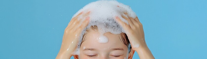 Fototapeta premium A child is happily washing their hair with shampoo, creating bubbles, against a bright blue background.