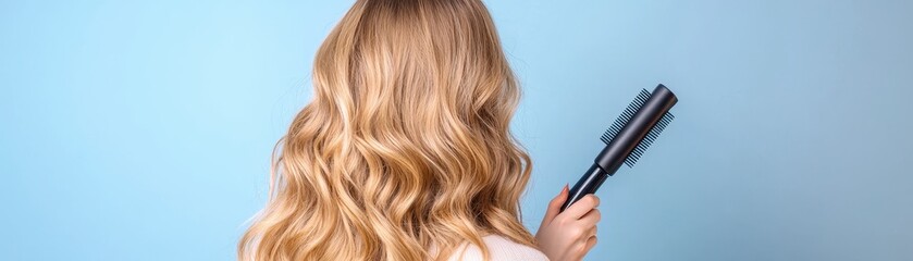Fototapeta premium A woman with wavy blonde hair is holding a hair styling tool against a light blue background.