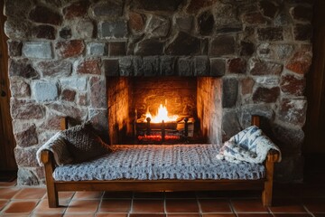 Fototapeta premium Cozy Fireplace in Rustic Stone Cottage