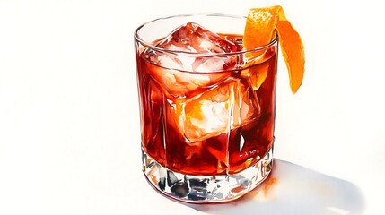 watercolor illustration glass iced Negroni orange peels simple white background painting drawing, alcoholic liquor spirit drink beverage