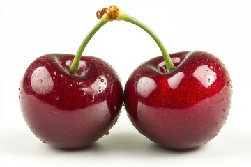 Two glossy ripe red cherries with smooth surfaces and intact green stems positioned side by side