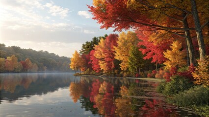 Obraz premium Reflection of changing leaves on water, outdoor scenery, pond reflection, fall foliage, leaf changes, serene atmosphere