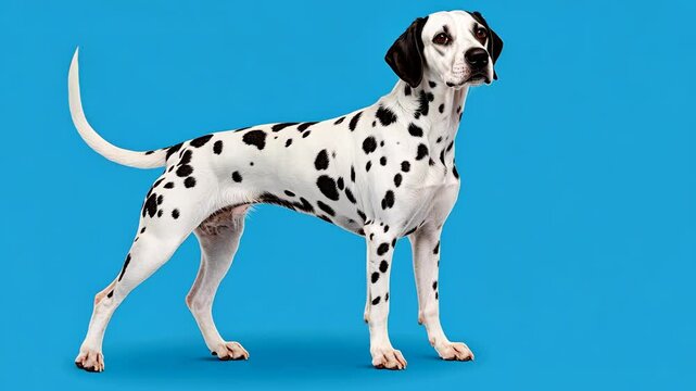 Dalmatian dog standing proudly against a vibrant blue background showcasing its distinctive coat pattern and posture