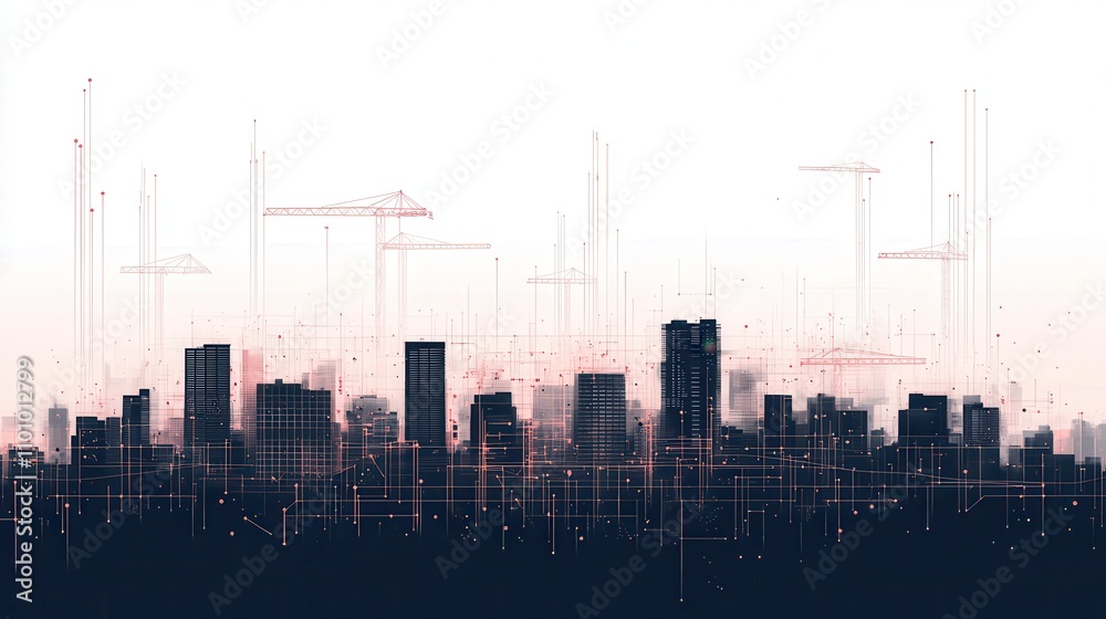 Poster A digital city skyline with geometric lines and structures, creating a futuristic and abstract visual effect against a light background.