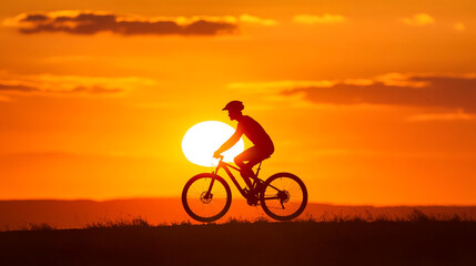 Fototapeta premium Bicyclist riding against a vibrant sunset in an open landscape