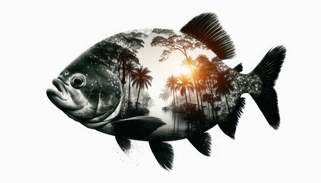 recommend clip art: piranha fish silhouette in double exposure with tropical forest, grunge, animal photography,
