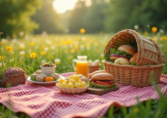 Picnic in a sunny meadow with delicious food and happy atmosphere on a warm day