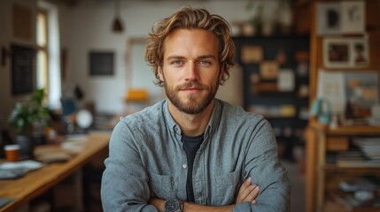 Fototapeta premium A man with a beard and a gray shirt is standing in a room with a potted plant