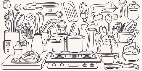 Fototapeta premium A whimsical line drawing of a kitchen scene filled with utensils, pots, and ingredients, showcasing a creative cooking environment.