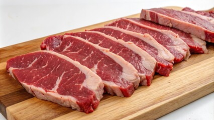 Fototapeta premium Sliced cut steaks on a wooden cutting board, meat cuts, , kitchen tools