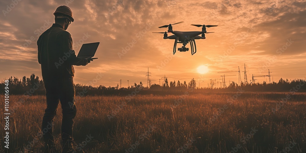 Poster a man operates a drone against a sunset backdrop in a field, showcasing technology's integration wit