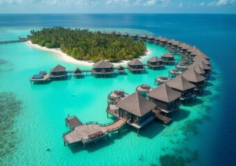 Fototapeta premium Luxurious overwater bungalows surrounded by turquoise waters in a tropical paradise