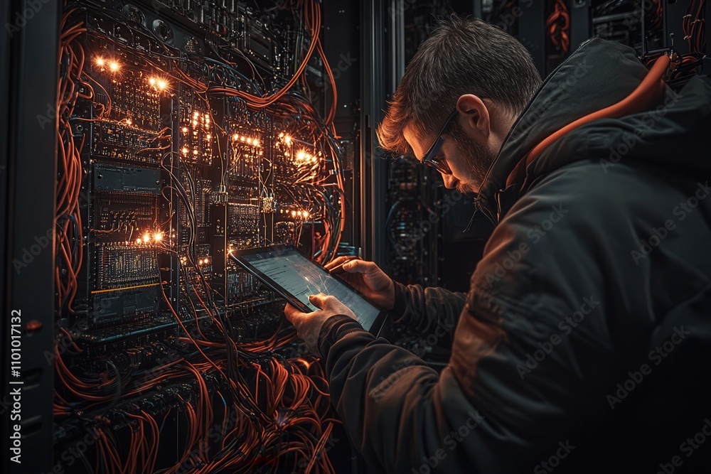 Poster a technician inspects a server rack, using a tablet to troubleshoot connections amid glowing lights 
