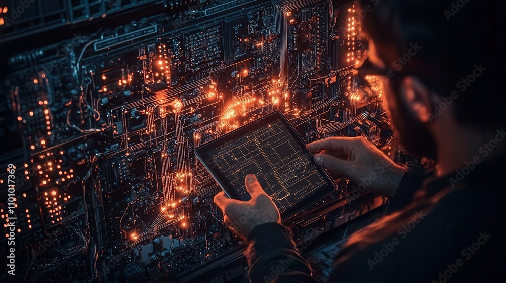 Poster A focused individual interacts with a glowing circuit board while using a tablet, surrounded by vibrant lights and intricate technology.