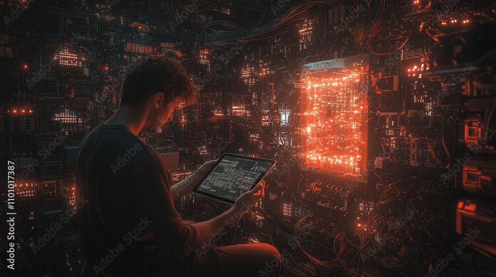 Poster A person interacts with a glowing, circuit-like display in a dark, tech-inspired environment filled with intricate lights and patterns.