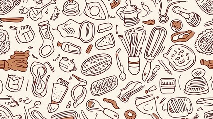 Fototapeta premium A whimsical illustration of various cooking utensils and ingredients, creating a vibrant culinary scene.