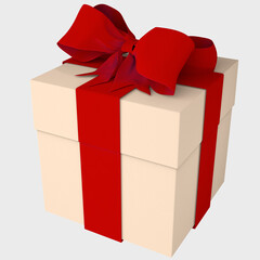 White gift box wrapped with red velvet bow and ribbon isolated on white background. Side view mockup of a box for design. Luxury Christmas, birthday, valentine present gift box