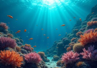 Fototapeta premium Vibrant underwater coral reef full of colorful fish and sunlight beams