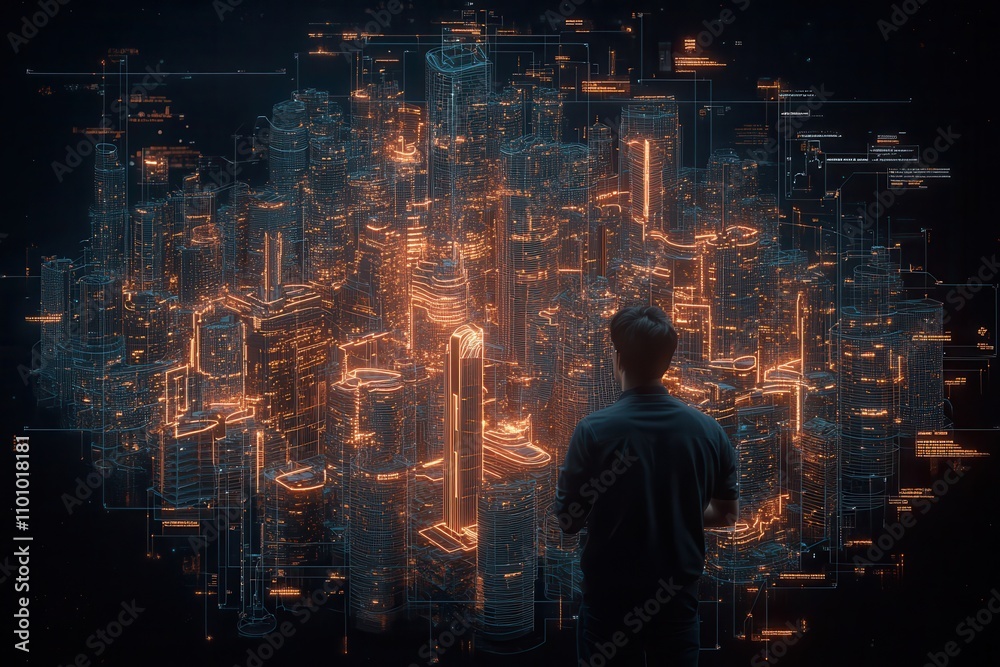 Poster a person stands before a futuristic cityscape, illuminated by glowing data streams and digital infor