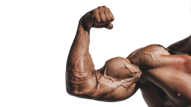 Man's arm flexing muscles isolated on white background