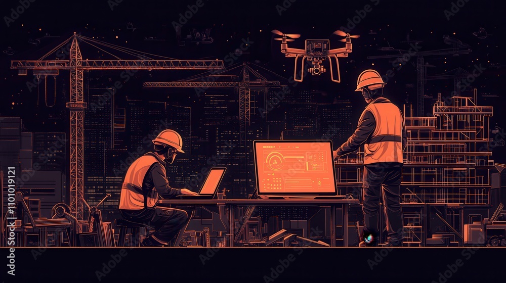 Poster two construction workers in safety gear collaborate on a project using a laptop and a drone on a con