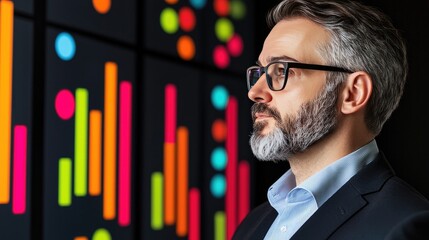 A focused man in business attire stands in front of a vibrant data visualization display, contemplating insights from colorful graphs and charts.