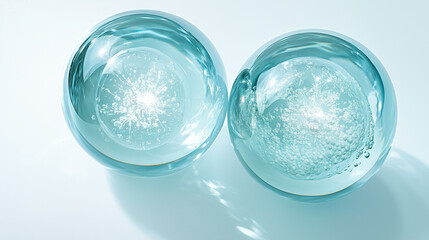 Duo Turquoise green molecules, glass bubbles, , cosmetic moisturizing water molecules, Cosmetic essence, liquid oil foam, glass texture, 3D rendering
