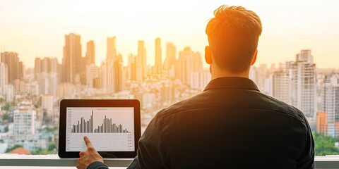A person analyzes data on a tablet while overlooking a city skyline at sunset, depicting a blend of technology and urban life.