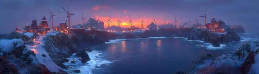 Fototapeta premium Snowy coastal village at sunset with wind turbines.