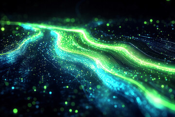 Futuristic neon green and blue trails pulsating over a black background, giving a modern and energetic high-tech appearance