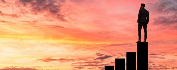Business sales prospecting analytics concept. A silhouetted figure stands atop ascending bars against a vibrant sunset, symbolizing achievement, growth, and success.