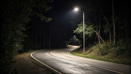 A lone streetlight shines down on a winding road, deserted highway, rural landscape, lonely road, urban decline, solitary path