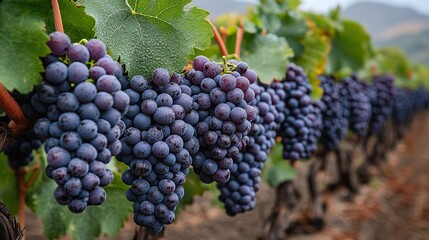 Fototapeta premium Purple grapes hang on vines, ready for harvest, showcasing the agricultural practices that thrive in sustainable environments.