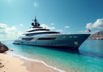 Obraz premium Luxury yacht anchored near a sunny beach with clear turquoise water and bright skies