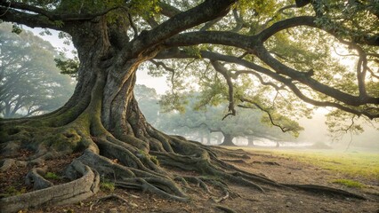Ancient roots of an oak tree curled around the base of another tree, forest floor, nature