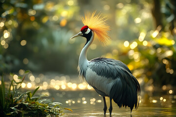 Naklejka premium A majestic grey crowned crane stands gracefully in a serene natural setting