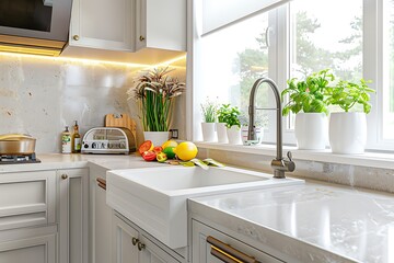 Bright kitchen interior with white walls, modern counter top with built in sink and cooker