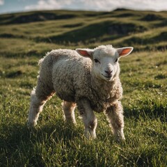 Fototapeta premium A cute lamb frolicking in a grassy hillside.