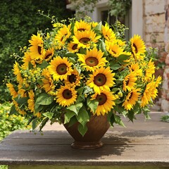 A beautiful arrangement of sunflowers in a large bouquet on a wooden table amidst a rustic garden, wooden table, nature-inspired, sunflowers, summer flowers, bouquet