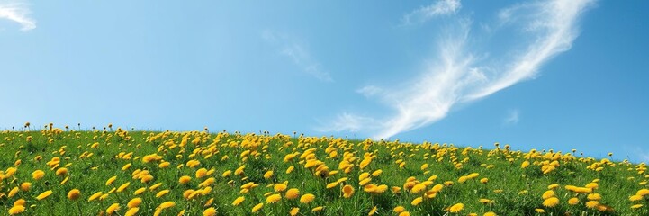 Naklejka premium A rolling hillside covered in vibrant yellow dandelions dotted with individual flowers against a brilliant blue sky with just a few wispy clouds, , rural landscape, green grass