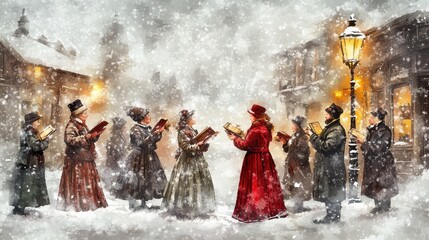 Victorian Carolers Singing in Snowy Street Scene
