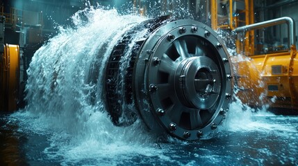 4K close-up of a modern hydropower turbine in action, showing the spinning blades and the water flowing through.