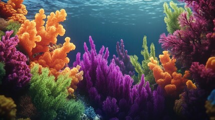 Fototapeta premium Vibrant Coral Reef Underwater Scene with Diverse Marine Life