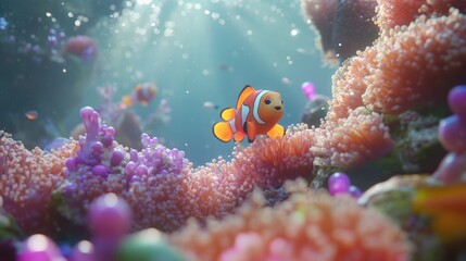 Obraz premium Colorful Clownfish Swimming in Vibrant Coral Reef Environment