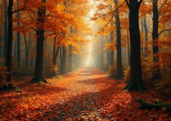 Fototapeta premium Vibrant autumn forest with bright orange leaves and misty sunlight at dawn