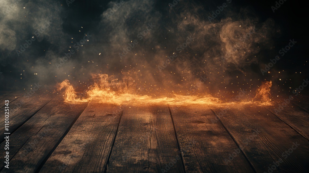 Poster a dramatic scene featuring flames flickering above a wooden surface, surrounded by smoke and darknes
