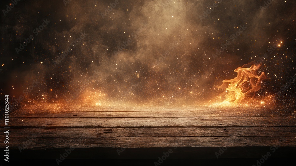 Poster a dramatic scene featuring flames and smoke illuminating a dark background, creating a captivating a